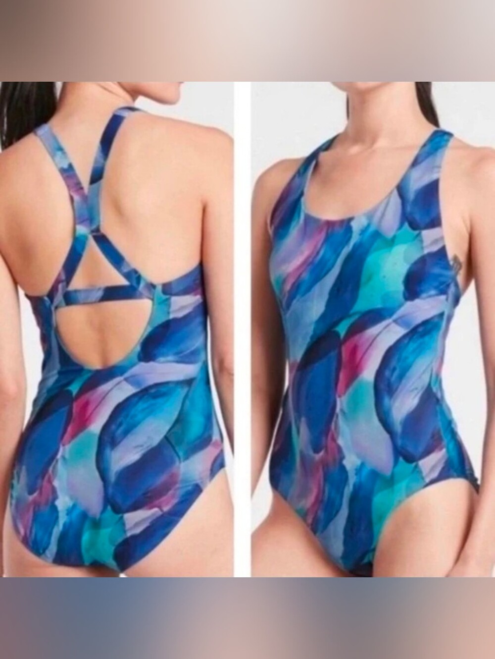 Athleta Malibu Printed One Piece Swimsuit Large watercolor abstract Crossback